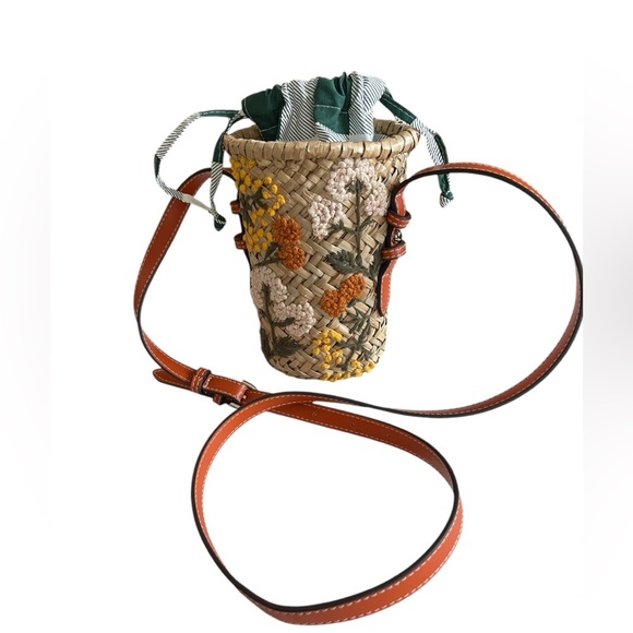 Handbags - ZARA Raffia Mini Crossbody Brunt Orange Strap Floral embroidery details
